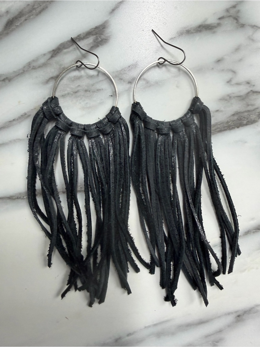 Boho Black Fringe Hoop Earrings - Unbranded